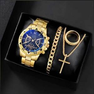 Montre pour hommes en alliage de mode <span class=keywords><strong>faux</strong></span> trois yeux <span class=keywords><strong>bracelet</strong></span> en acier décontracté montre collier <span class=keywords><strong>Bracelet</strong></span> bague ensemble - Product Image 1