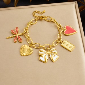 Fashion Charm Bracelet Gold Plated Heart Bow Dragonfly Pendant Women's Jewelry Gift - Product Image 1
