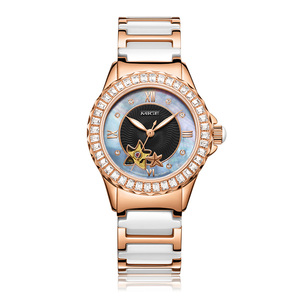 Montre mécanique pour femme en acier inoxydable rose or personnalisée, montre automatique en céramique avec diamants pour femme, luxe - Product Image 1