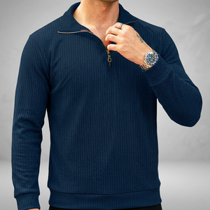 <b>Men's</b> Navy Blue V-neck Half Zip Knit Pullover Long Sleeve Solid Regular Fit Sweater Polyester/Cotton 220 Grams - Product Image 1