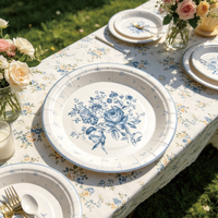 Assiettes en papier décoratives vintage à motif floral, imprimé roses bleues, 7 et 9 pouces, jetables, pour décoration de fête de jardin