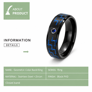 Black PVD Stainless Steel Zircon Band <b>Ring</b> with Geometric Color Inlay Blue <b>Green</b> and Red Color Options - Product Image 5
