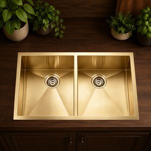 Lavello da Cucina Sottopiano UD3320 in Nanotech Oro a Doppia Vasca, <span class=keywords><strong>Dimensioni</strong></span> 33x20x10 Pollici, Lavello Artigianale in Acciaio Inox 304 - Product Image 1
