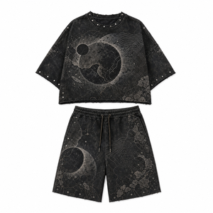 Custom Vintage Acid Wash T-shirt Shorts <b>Set</b> Puff Print Screen Print Rhinestone Graphic Private Label Streetwear Men <b>Set</b> - Product Image 3