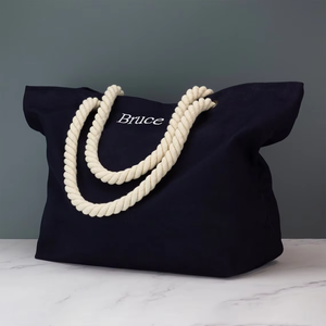 Personalised Oversized Black Canvas Beach <strong>Tote</strong> Bag Natural Color Rope Handle Embroidered Customised Logo With Striped Beach Bag - Product Image 1