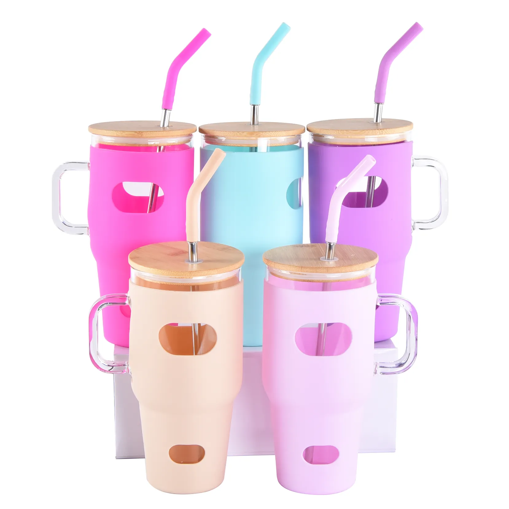 Großhandel benutzerdefiniert 32 Unzen Borosilikat Kaffee-Tasse Tropfen Auto Tasse Glas-Wasserflasche mit Bambusdeckel und Silikon-Hülse