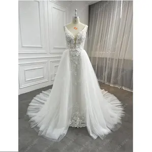 QUEENS GOWN Mermaid detachable train sleeveless sweetheart beading lattice lace gorgeous champagne wedding dresses