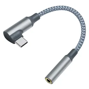 Kabel kepang nilon USB C, sudut kanan USB C, kabel konverter adaptor Jack Audio wanita, Earphone Headphone Tipe C ke 3.5MM