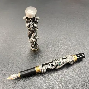 Colorful Pen Gifts Jinhao Black Snake Fountain Pen Medium Nib Retro Style With Skull Head Solid Metal Design Calligraphy Pen