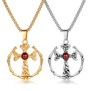 Titanium Steel <b>Cross</b> Pendant Necklace With Red Stone Bezel Setting Men's Gothic Style SP873 - Product Image 5