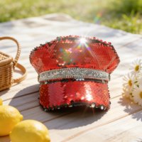 Chapeau de Capitaine de Luxe Rouge à Paillettes et Strass pour Fêtes, Vente en Gros, 3 MOQ, Personnalisé, Unisexe, Plage, Extérieur, Quatre Saisons