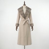 Lässiger Warmer Herbst-Kaschmirmantel mit Nerzkragen für Damen, Beiger Langer Mantel mit Gürtel und Pelzmanschetten