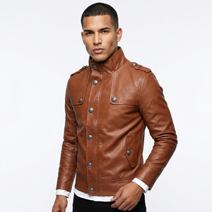 Veste de moto en cuir véritable pour homme, style Cafe Racer, en cuir de vachette de qualité supérieure, couleur cognac, fermeture éclair sur le devant, coupe ajustée - Product Image 2