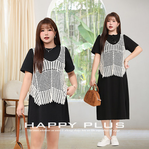 Robe d'été décontractée Runqi pour femme, col en V, ajourée, couleur unie, en coton, superposée, blanc cassé et noir - Product Image 3