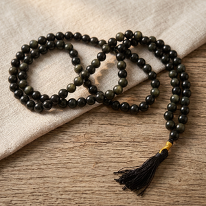Collar de Obsidiana Negra Japonesa Mala con 108 Cuentas en Forma de Círculo, Tema de Amor, Tallado Artesanal, Piedra Semipreciosa - Product Image 2