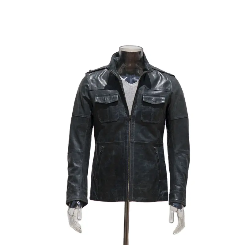 Luxury Front Pocket Lapel Collar Zipper Up Lambskin Men Stylish Genuine Leather Jacket For Man