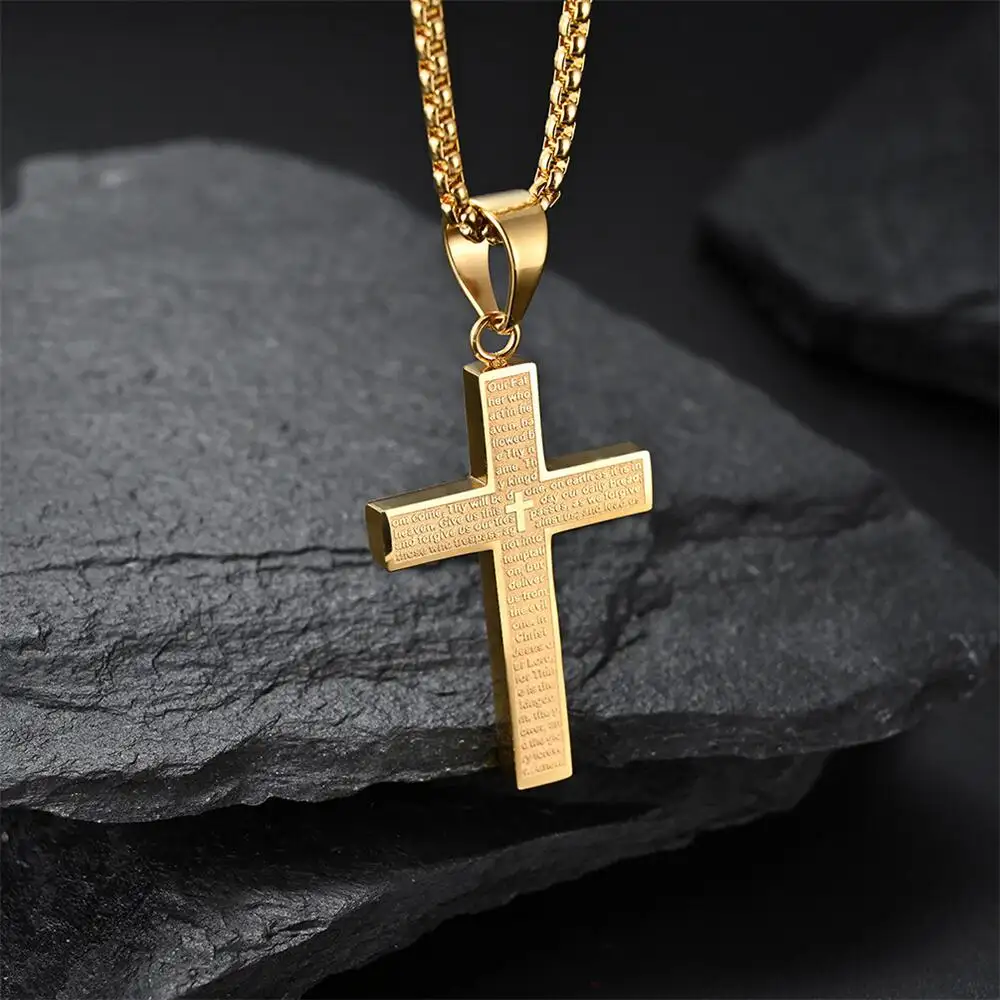 Fabriek Direct Roestvrijstalen Religieuze Kruis Sieraden Custom Gegraveerde Schrift Ontwerp Gouden Kruis Hanger Halsketting