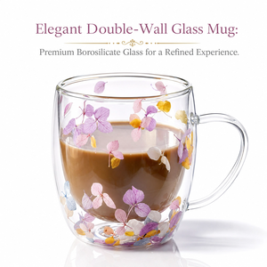 Regalos para Mujeres: Taza de <span class=keywords><strong>Café</strong></span> de Doble Pared de Vidrio con Flores Secas, Tazas de Té Bonitas con Asas Aislantes - Product Image 1