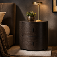 Table de chevet cylindrique moderne en bois fumé, 2 tiroirs, design écologique fait main, poignée noire, finition expresso pour chambre d'hôtel