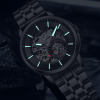 Montre de luxe pour homme, étanche 20m, mécanique à remontage automatique, avec verre squelette, luminescence nocturne, entièrement noire, bracelet en acier inoxydable