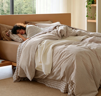 Ensemble de housse de couette rayée, aspect lin, taille Queen, ensemble de literie en percale 100% coton lavé, design en fil réversible, fermeture à glissière
