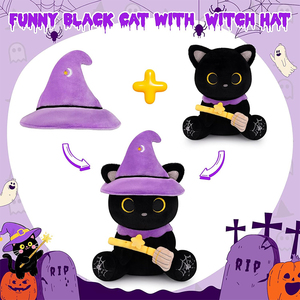 Peluche de chat noir mignon de haute qualité pour Halloween avec chapeau de sorcière, décoration d'Halloween, cadeaux pour enfants et adultes - Product Image 2