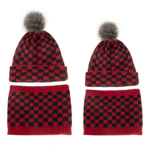 Black and White Red Black Check Knit Wool Ball Cap Christmas Knitted Hats Knit Winter Pompom Hat Knitted Hat and Scarf Set