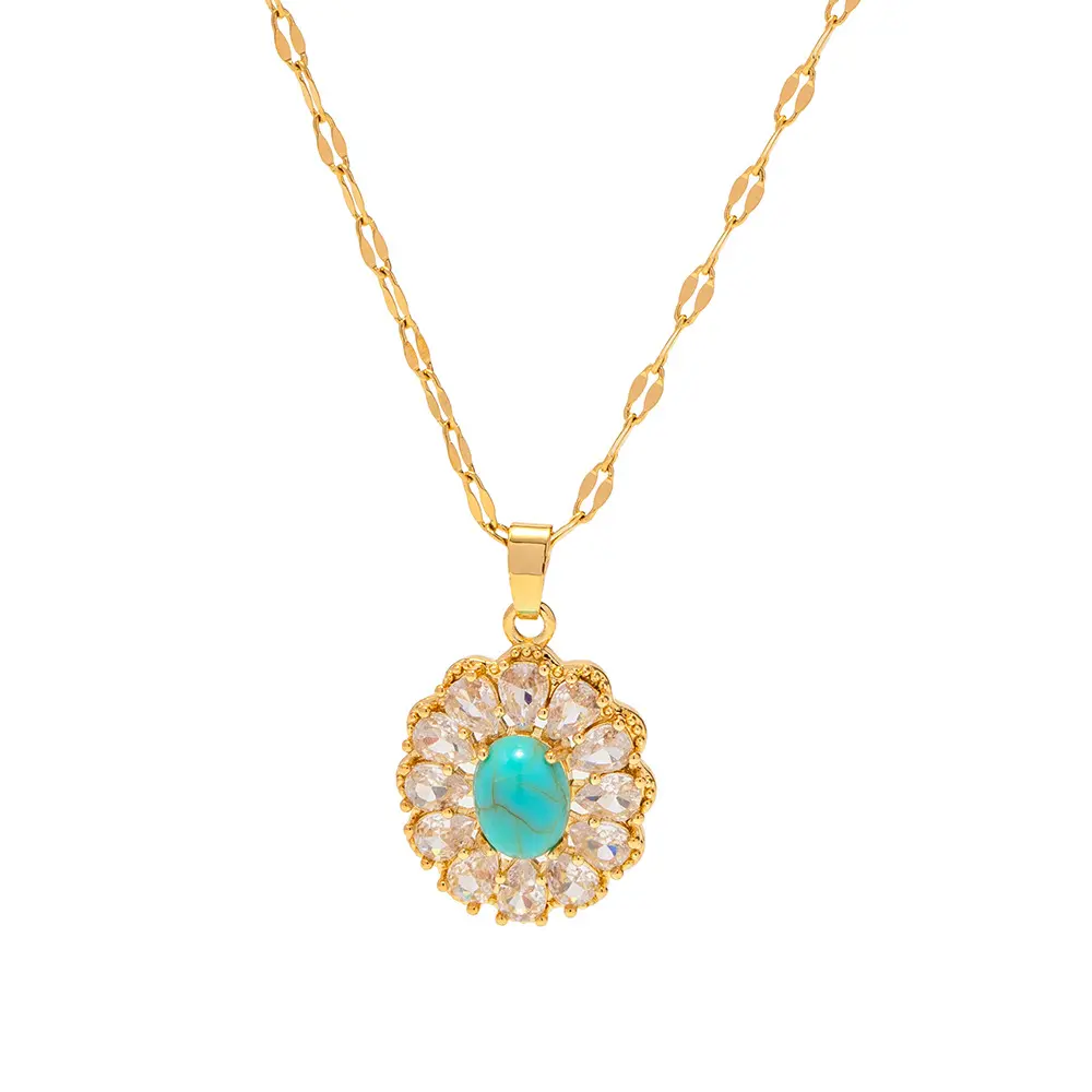 Europe Hot Selling Vintage Turquoise Pendant Necklace High Quality Stainless Steel Zircon Necklace For Women Fashion Jewelry