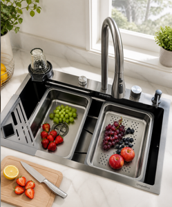 Fregadero de <span class=keywords><strong>Cocina</strong></span> de Acero Inoxidable 304 Hecho a Mano con Logotipo Personalizado, Fregadero Individual Negro Nano con Cascada y Enjuagador de Tazas, Moderno para Hotel o Villa - Product Image 6