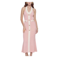 Gaun Maxi Wanita 2026 Model Halter Neck dengan Kancing Kontras, Rajutan Elegan Custom, Dekorasi Kancing, Ramah Lingkungan, Buatan Tangan