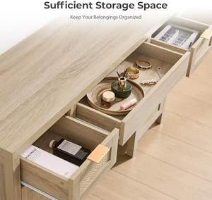 PHOENIX HOME Bureau sous-vasque <span class=keywords><strong>en</strong></span> chêne clair Grande <span class=keywords><strong>coiffeuse</strong></span> de maquillage bohème de ferme 3 tiroirs 2 tables de rangement - Product Image 5