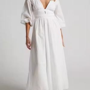 Nouvelle Robe Longue Décontractée Blanche en Coton et Lin pour Femme, Col en V, Dos Nu, Élégante, Personnalisable avec Logo, Collection Été 2025 - Product Image 6