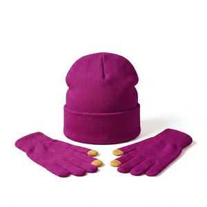 Bonnet unisexe en tricot d'hiver avec gants tactiles, couleur bleu uni, décontracté, pour l'extérieur, pour adultes - Product Image 5