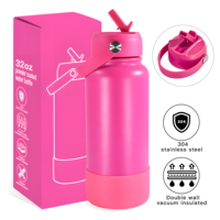 Bouteille d'eau isotherme personnalisée de 32 oz en acier inoxydable avec revêtement poudré, couvercle, poignée et coussinet en silicone – Garde au chaud et au froid