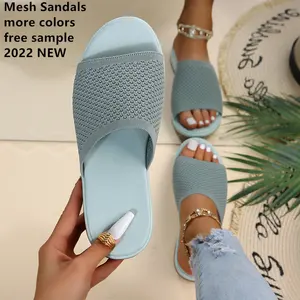 Sandálias femininas confortáveis, mulheres, de tricô, sem plataforma, plus size, sapatos de lazer, de malha