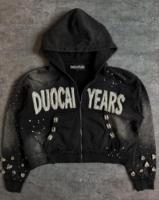 DCY Sweat à capuche zippé noir avec strass, court, délavé à l'acide, effet usé, personnalisable, direct usine