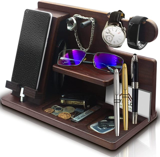 JUNJI Multi-Function Mobile Phone Glasses Holder Desk Organizer Wood Phone Stand Gift Personal Customized Phone Holder