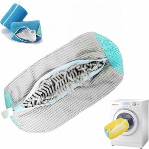 Sac de lavage rond en tissu non tissé durable pour toutes sortes de chaussures - Jaune avec fermeture éclair bleue pour baskets et chaussures décontractées - Product Image 4