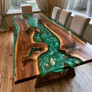Table à manger rectangulaire moderne, plateau en bois massif fait main avec bord naturel, résine époxy Green River I - Product Image 3