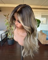 Perruque Lace Front en Cheveux Humains Remy, Longue Ondulée, Raie Libre, Brun Foncé avec Mèches Blond Cendré, Perruque Sans Colle avec Dessus en Dentelle pour Usage Quotidien