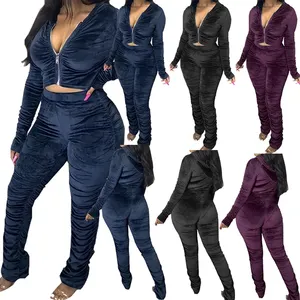 Women Sweatsuit Set Tracksuit Plus Size Women Velour Hoodie Jogger Tracksuit Velvet Two-piece Pleated Solid Zipper