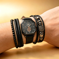 Ensemble de montres à quartz carrées pour hommes, bracelet en cuir, montre-bracelet avec bracelets, cadeau de luxe pour hommes