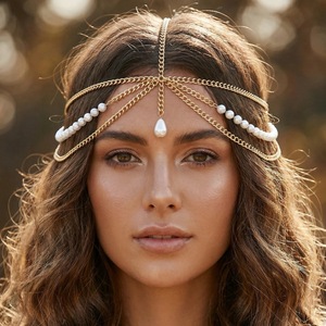 Catena per capelli bohémien multi-filo con perle e nappe in metallo, semplice catena per fronte, gioielli e accessori per capelli da donna - Product Image 1