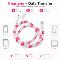 Câble de charge rapide multi-USB 3 en 1 en acrylique avec nœud papillon mignon et perles, accessoires de voiture coquette