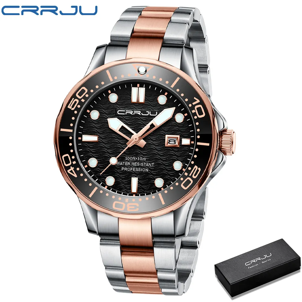 CRRJU Factory Wholesale Directly Day/Date Branded 44mm Business Men's China Japan Movt Quartz Stainless Steel Back Watch