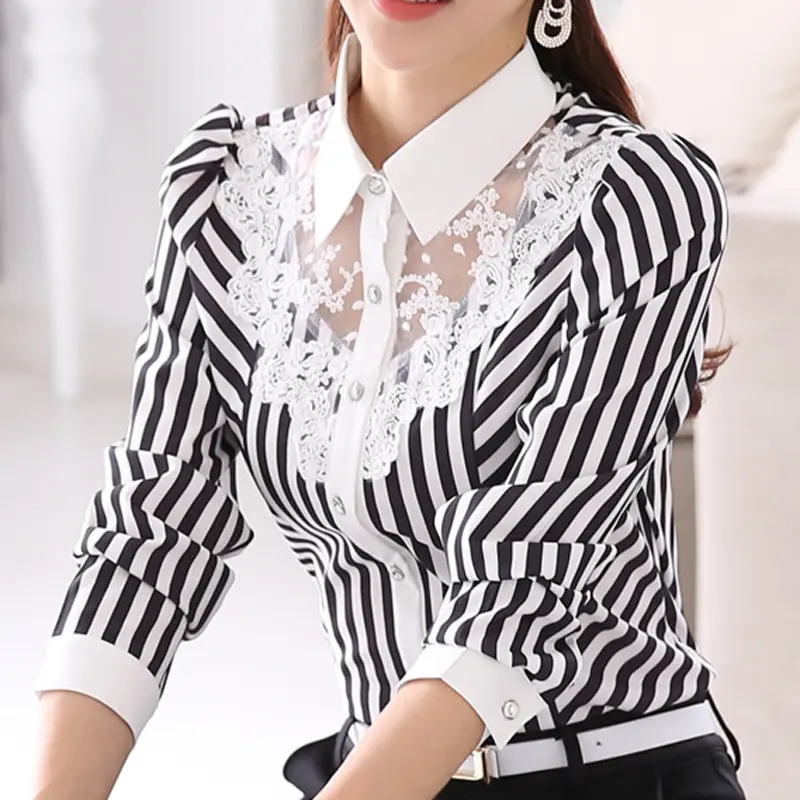 Korean Lace Ladies Women Long Sleeves Plus Size Slim White Black Striped Bottoming Blouses