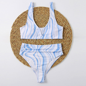 Nuovo Bikini Retrò da Donna, Sexy con Scollo a V, Tie-Dye a Righe Blu, Costume da Bagno a Vita Alta - Product Image 3