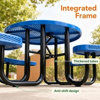Table de pique-nique industrielle extérieure en métal perforé, design commercial, avec bancs intégrés, forme hexagonale, couleur disponible