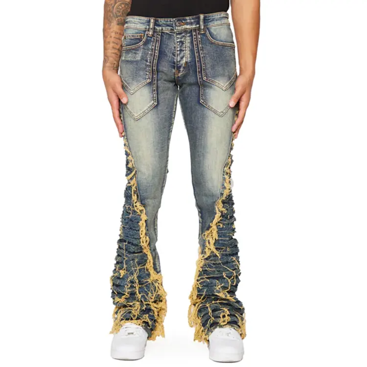 Classic Back Pocket Design Pants Denim Fit Slim Medium Ripped Mens Stacked Flare Jeans