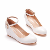 Nouvelles chaussures de mariée à talons compensés blancs à bout rond de 5,5 cm, chaussures compensées à plateforme, chaussures de mariée compensées